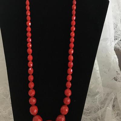 Vintage Cherry Red Faceted Bead Strand Necklace