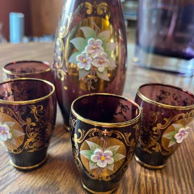 L13- Bavarian hand-painted decanter & 6 glasses