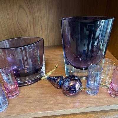 L15- purple vases, multicolor glasses, and ornament
