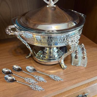 L16- Silver chafing dish (glass insert), spoons, S&P shakers