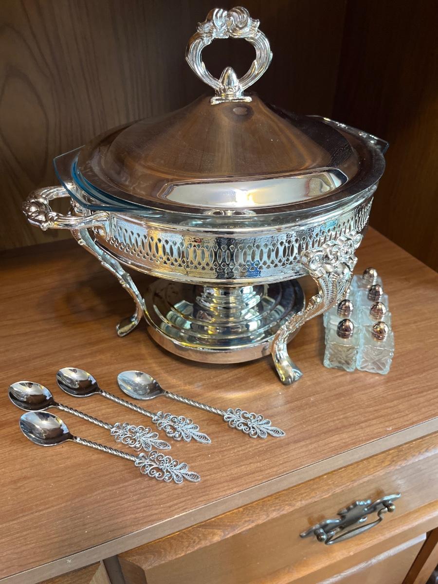 L16 Silver chafing dish (glass insert), spoons, S&P shakers
