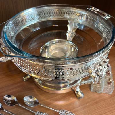L16- Silver chafing dish (glass insert), spoons, S&P shakers