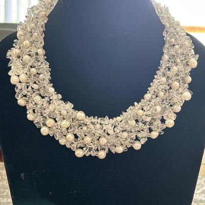 Clear quartz with cultured pearls statement collar necklace