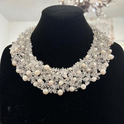 Clear quartz with cultured pearls statement collar necklace