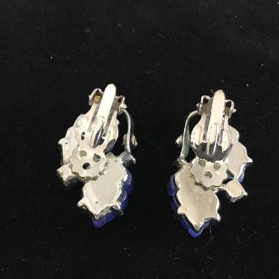 Vintage Silver Tone Blue Thermoset Stones Earrings Clip On 1950-1960-Mid
