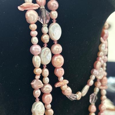 Absolutely beautiful Large Oprah/Lariat length, pearl necklace, natural iridescent pearls with light pink crystals