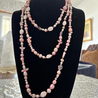 Absolutely beautiful Large Oprah/Lariat length, pearl necklace, natural iridescent pearls with light pink crystals