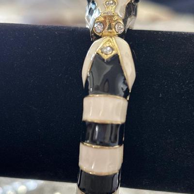Vintage white and black enamel zebra with crystal hinge Figural bracelet