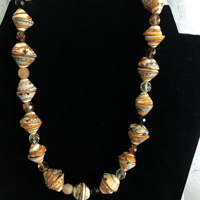 Unique Earth Tone Shell And Cooper Color Beaded Necklace with Crystal Beads