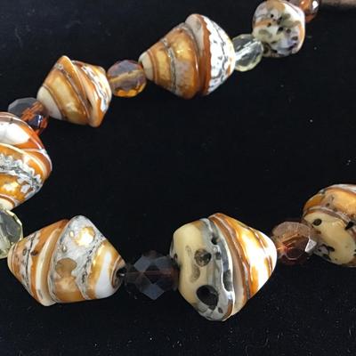 Unique Earth Tone Shell And Cooper Color Beaded Necklace with Crystal Beads