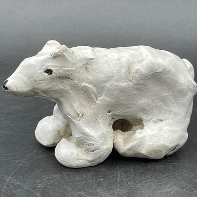 Handmade Clay Polar Bear Figurine, signed by artist