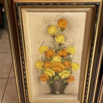 2-Mid Century Pair of Flower Still Life Oil/Acrylic on Canvas Paintings Signed by "ENGLISH" Artist 19.5" x 32" Tall...