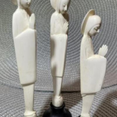 3-Scarce Vintage Hand Carved Ivory Color Bone Praying Madonna Figurines on Wooden Bases Preowned from an Estate.