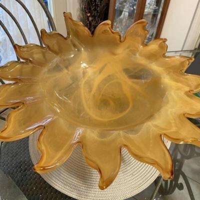 Unique Huge Mid-Century Art Glass Pedestal Bowl w/Scalloped Edges 7