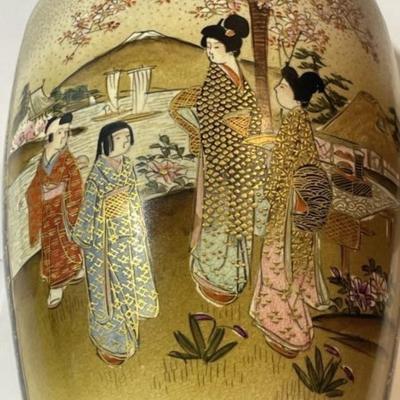 Scarce Japanese Cobalt-Ground Meiji Period (1868-1912) Satsuma Signed Base Vase w/2 Panels 7