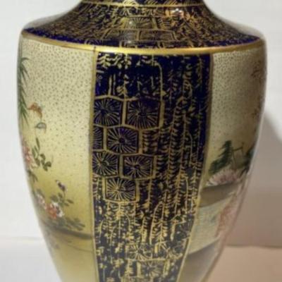 Scarce Japanese Cobalt-Ground Meiji Period (1868-1912) Satsuma Signed Base Vase w/2 Panels 7