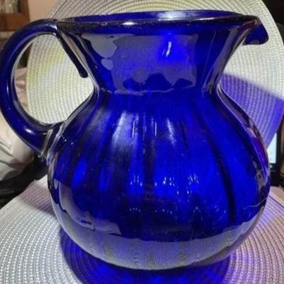 Vintage Large Hand-Blown Cobalt Blue Swirl Art Glass Pitcher 9