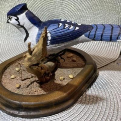 Hand Carved & Hand Painted Signed by Artist BLUEJAY Wooden Bird on Driftwood with Custom Made Base Bird & Base are 9.5