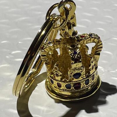 Haskins England Jeweled Coronation Crown Sculpted Gold-tone Metal Keychain Made in England in VG Preowned Condition as Pictured.