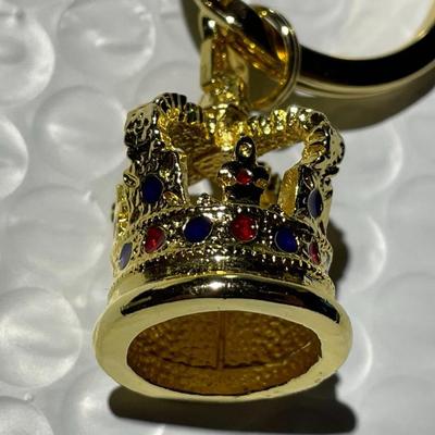 Haskins England Jeweled Coronation Crown Sculpted Gold-tone Metal Keychain Made in England in VG Preowned Condition as Pictured.