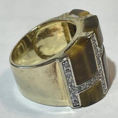 Vintage SETA Gold-tone Tiger's Eye Cigar Band Ring Size 8-3/4 in VG Preowned Condition.