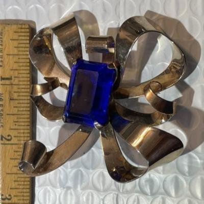 Vintage JAR Huge Gold-toned over Sterling Silver Bow Pin/Brooch w/Large Blue Stone Preowned from an Estate as Pictured.