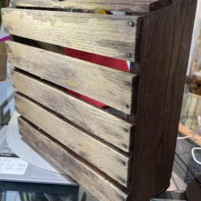 Vintage/Antique Wooden Crate Basket w/Curved Wood Handle 12