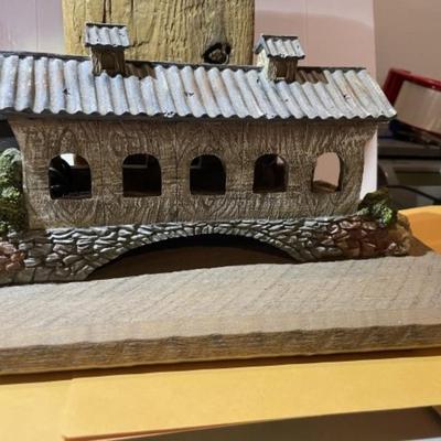 Vintage Amish Wood & Resin Hand Made Horse Buggy/Covered Bridge Scene 10.50