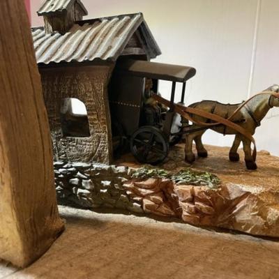 Vintage Amish Wood & Resin Hand Made Horse Buggy/Covered Bridge Scene 10.50