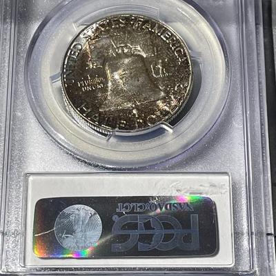 PCGS Certified 1958-P MS65 Gorgeous Mint Set Toned Franklin Silver Half Dollar as Pictured.