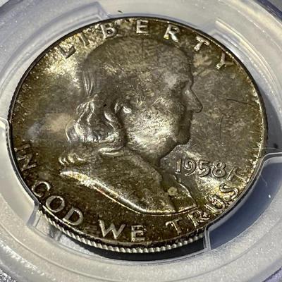 PCGS Certified 1958-P MS65 Gorgeous Mint Set Toned Franklin Silver Half Dollar as Pictured.