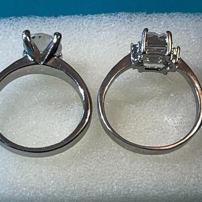 Vintage Silver-tone CZ Engagement Style Rings Size 7-1/2 & 8-1/4 in Good Preowned Condition.