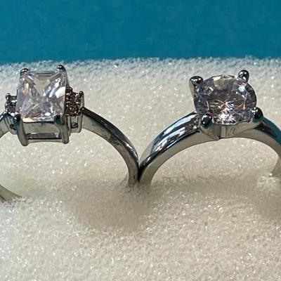 Vintage Silver-tone CZ Engagement Style Rings Size 7-1/2 & 8-1/4 in Good Preowned Condition.