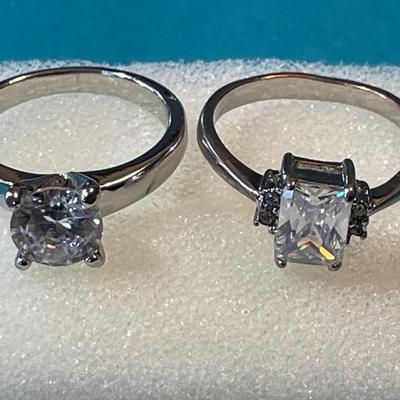 Vintage Silver-tone CZ Engagement Style Rings Size 7-1/2 & 8-1/4 in Good Preowned Condition.