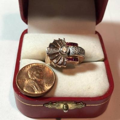 Art Deco Era Rose Color 14K Gold Ruby & Diamond Ladies Ring Size 5-3/4 Ring 8.3 Grams or 5.3 Pennyweights TW Preowned