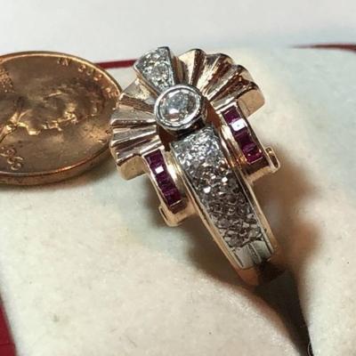 Art Deco Era Rose Color 14K Gold Ruby & Diamond Ladies Ring Size 5-3/4 Ring 8.3 Grams or 5.3 Pennyweights TW Preowned