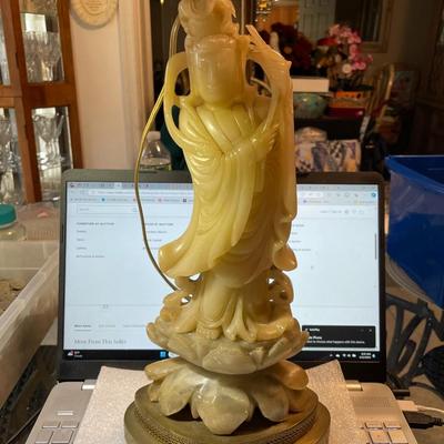 Vintage Asian Blanc De Chine Carved Soapstone Figural Lamp on a Brass Base Figure is in 2 Pieces and has 2 Anchor holes in the Back as...