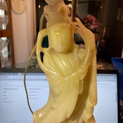 Vintage Asian Blanc De Chine Carved Soapstone Figural Lamp on a Brass Base Figure is in 2 Pieces and has 2 Anchor holes in the Back as...