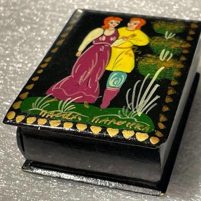 Vintage Russian Small Lacquered Trinket Box Fairy Tale Folk Art Design and Signed by the Artist as Pictured.