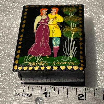 Vintage Russian Small Lacquered Trinket Box Fairy Tale Folk Art Design and Signed by the Artist as Pictured.