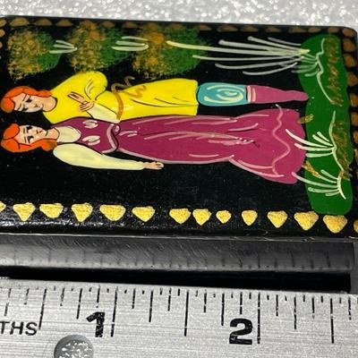 Vintage Russian Small Lacquered Trinket Box Fairy Tale Folk Art Design and Signed by the Artist as Pictured.