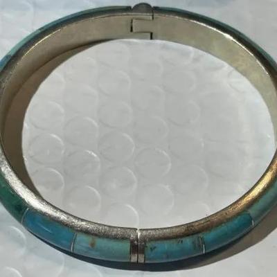 Vintage Jay King DTR Sterling .925 Silver Turquoise Inlaid Bangle Bracelet 7.5