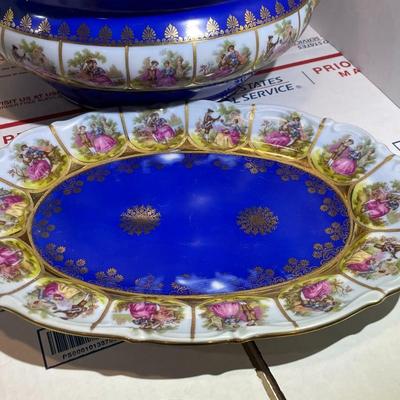 A Scarce Josef Kuba beautiful Cobalt Blue & Gold Love Story/Fragonard lidded Oval Tureen and Underplate made in Bavaria, Germany.