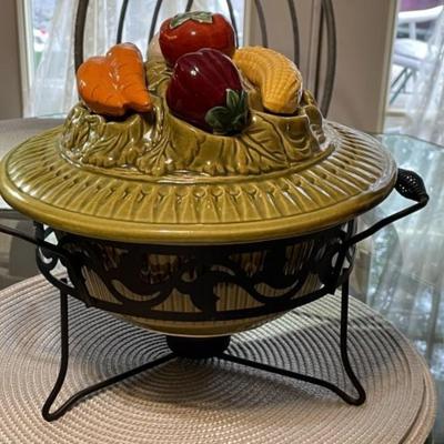 Vintage Mid-Century Large Veggie USA Casserole Covered Bowl with Metal Stand Preowned from an Estate in VG Condition as Pictured.