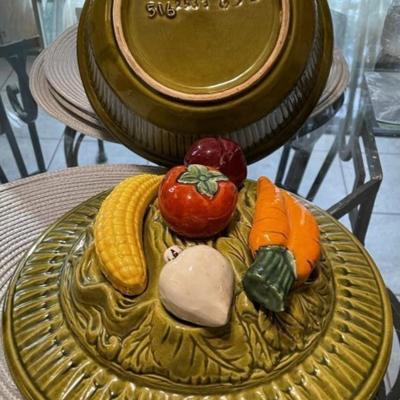 Vintage Mid-Century Large Veggie USA Casserole Covered Bowl with Metal Stand Preowned from an Estate in VG Condition as Pictured.