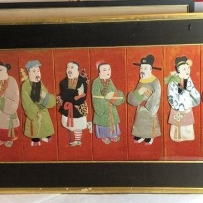 Vintage Early 20th Century Chinoiserie Asian Cloth 3-D Figures, 8-Figurines in an Old-time Frame 13.50in x 26.75in. Preowned from an Estate.