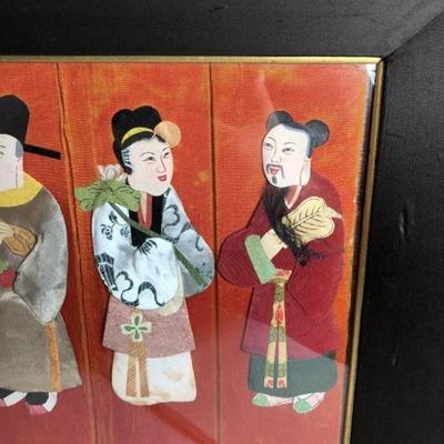 Vintage Early 20th Century Chinoiserie Asian Cloth 3-D Figures, 8-Figurines in an Old-time Frame 13.50in x 26.75in. Preowned from an Estate.