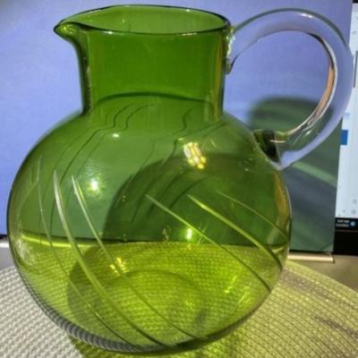 Vintage Large Mid Century Etched Green Glass Ball Pitcher in Good Preowned Condition.