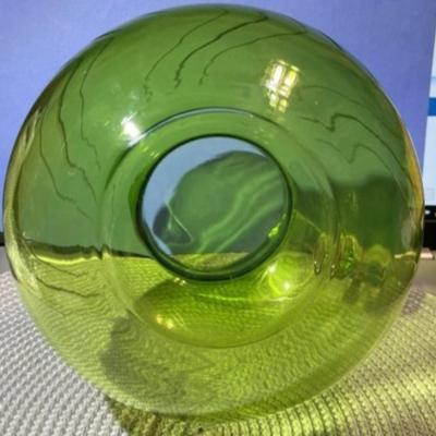 Vintage Large Mid Century Etched Green Glass Ball Pitcher in Good Preowned Condition.