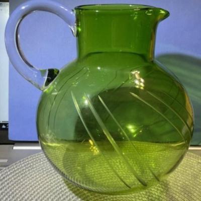 Vintage Large Mid Century Etched Green Glass Ball Pitcher in Good Preowned Condition.